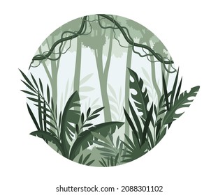 Exotic tropical rainforest landscape with palm trees. Monochrome jungle scene of round shape vector illustration