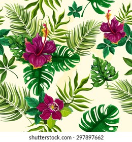 Exotic tropical rainforest plants opulent green leaves with hibiscus flowers wrap paper seamless pattern abstract vector illustration