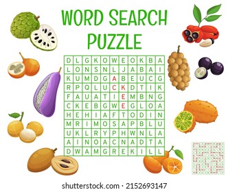 Exotic tropical raw fruits, word search puzzle game worksheet, vector quiz grid. Riddle to search word and guess tropical fruits sapodilla and ackee apple or kiwano, cherimoya and kumquat fruit