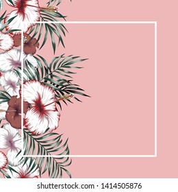 Exotic tropical red, white hibiscus flowers and green leaves trendy frame illustration on the pink background.