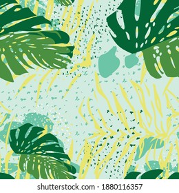 Exotic tropical seamless pattern. Jungle forest garden plants and monstera leaves repeating print for backdrop, wallpaper, packaging, textile botanical design vector illustration