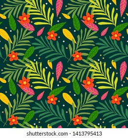 Exotic tropical seamless pattern with palm leaves and colorful flowers.