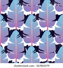 Exotic tropical seamless pattern with palm leaves on black and white striped background. Vector botanical print. Vector Hand drawn background ,fabric, wallpaper, print design.