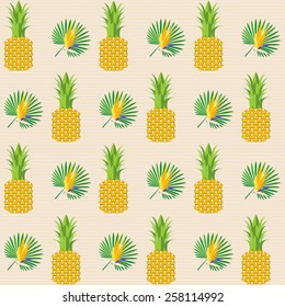 Exotic tropical seamless pattern with pineapple and palm leaves. Checkerboard pattern elements. Vector.