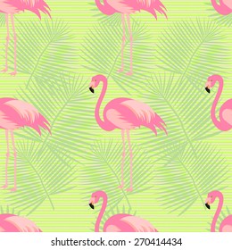 Exotic, tropical seamless pattern with pink flamingos. Vector.