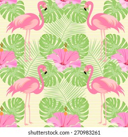 Exotic, tropical seamless pattern with pink flamingos, hibiscus, palm leaves. Vector.