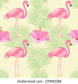 Exotic, tropical seamless pattern with pink flamingos, hibiscus, palm leaves, pineapple. Vector.