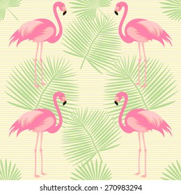 Exotic, tropical seamless pattern with pink flamingos, palm leaves. Vector.