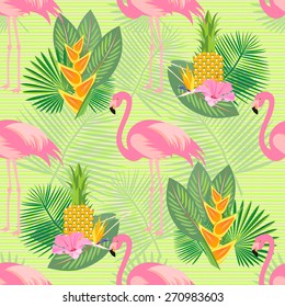 Exotic, tropical seamless pattern with pink flamingos, hibiscus, palm leaves, pineapple. Vector.