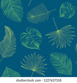 Exotic tropical seamless pattern. Summer palm leaves background. Hand drawn illustrations of palm leaves, monstera leaves.