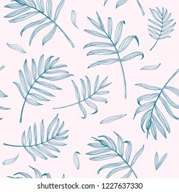 Exotic tropical seamless pattern. Summer palm leaves background. Hand drawn illustrations of palm leaves, monstera leaves.