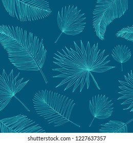 Exotic tropical seamless pattern. Summer palm leaves background. Hand drawn illustrations of palm leaves, monstera leaves.