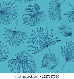 Exotic tropical seamless pattern. Summer palm leaves background. Hand drawn illustrations of palm leaves, monstera leaves.
