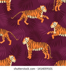 Exotic tropical seamless pattern with tigers and tropical palm leaves. Summer background for  fabric, textile, manufacturing etc. Vector illustration
