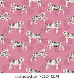 Exotic tropical seamless pattern with tigers and tropical palm leaves. Summer background for  fabric, textile, manufacturing etc. Vector illustration