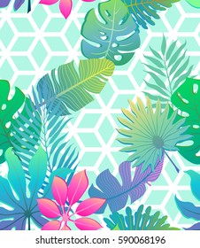 Exotic tropical seamless vector pattern. Abstract trendy background. Decorative palm foliage on geometric hexagon background
