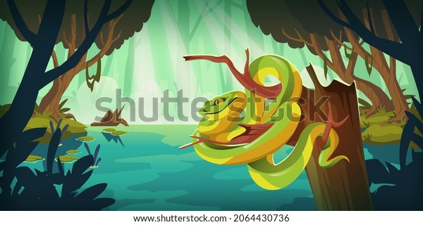 Exotic tropical snake on tree in jungle with\
pond. Vector cartoon illustration of rainforest landscape with\
river or swamp with water lily and Trimeresurus Salazar, green and\
yellow serpent