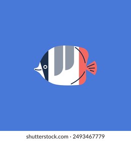 Exotic tropical striped fish vector flat illustration. Cartoon marine wildlife, ocean or sea fauna, underwater animal isolated on blue background. Aquarium aquatic pet. Fishing, seafood