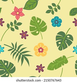 Exotic and tropical summer botany, leaves and foliage. Fern and monstera, blossom and flourish. Garden branches and decorative wallpaper or print for fabric. Seamless pattern, vector in flat style