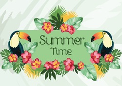 Exotic Tropical Summer Card With Toucan Parrot Birds And Flowers. Vector Background Illustration
