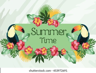 Exotic tropical Summer card with toucan parrot birds and flowers. Vector background illustration