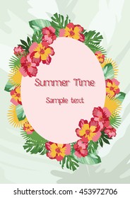 Exotic tropical Summer card with wreath of flowers. Vector background illustration