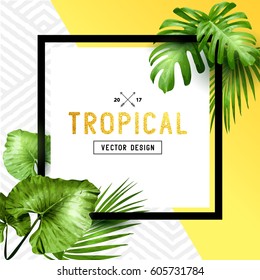 Exotic tropical summer frame with palm leaves and patterned background. Vector illustration