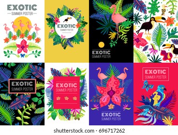 Exotic tropical summer vacation 8 advertisement colorful background banners collection with palm leaves flamingo birds isolated vector illustration 