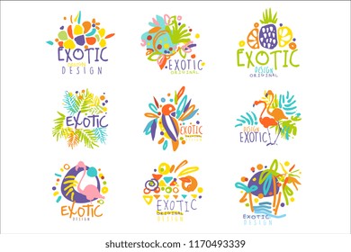 Exótico conjunto de plantillas gráficas de logotipos para las vacaciones tropicales de verano