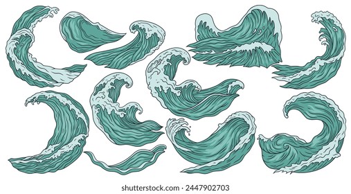 Ondas de surf tropicais exóticas definidas com espuma para o projeto marinho de verão. Coleção de ondas oceânicas estilizadas para design náutico com praia, mar e oceano para surf ou mergulho.