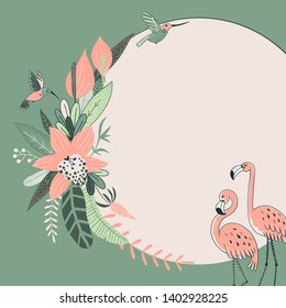 Exotic Tropical symmetrical framed illustration with Flamingo Humming bird Orchid. Jungle vibes Summer Rainforest Wildlife inspired background for card quote writing invitation.