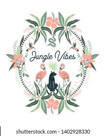 Exotic Tropical symmetrical framed illustration with Flamingo Panther Humming bird Snake Orchid Palm. Jungle vibes lettering Summer Rainforest Wildlife inspired fashion print.