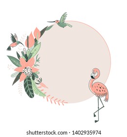 Exotic Tropical symmetrical framed illustration with Flamingo Humming bird Orchid. Jungle vibes Summer Rainforest Wildlife inspired background for card quote writing invitation.