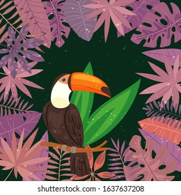 Exotic tropical toucan bird in the jungle, palm banana leaves vector illustration. Paradise trendy poster background. Nature Hawaiian floral summer vacation backdrop wallpaper with tropical toucan