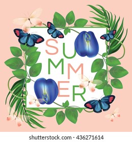 Exotic tropical typographic summer card template vector illustration decorated with vibrant blue pea flower plants, green palm leaves and butterflies