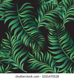 	
Exotic tropical vector background with hawaiian plants and flowers. Seamless indigo tropical pattern with palm leaves.