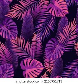 Exotic tropical vector background with hawaiian plants. Seamless violet purple tropical pattern with monstera and palm leaves.