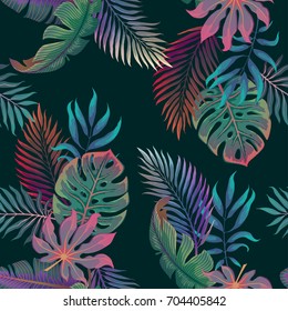 Exotic tropical vector background with hawaiian plants and flowers. Seamless summer pattern with monstera and banana palm leaves on black