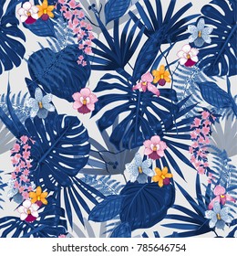 Exotic tropical vector background with hawaiian plants and flowers. Seamless summer bright tropical pattern with monstera and sabal palm leaves, guzmania flowers.