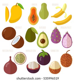 Exotic tropical Vector flat design fruits and berries icon set.