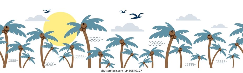 Exotic tropical vector seamless palm tree and coconut horizontal long background. Aloha party, Hawaii concept.
