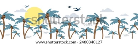 Exotic tropical vector seamless palm tree and coconut horizontal long background. Aloha party, Hawaii concept.
