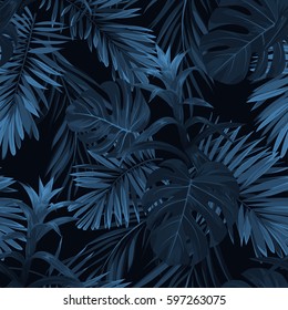 Exotic tropical vrctor background and hawaiian plants   flowers  Seamless indigo tropical pattern and monstera   sabal palm leaves  guzmania flowers 