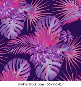 Exotic tropical vrctor background with hawaiian plants. Seamless violet purple tropical pattern with monstera and sabal palm leaves