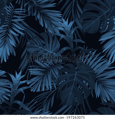 Exotic tropical vrctor background with hawaiian plants and flowers. Seamless indigo tropical pattern with monstera and sabal palm leaves, guzmania flowers.