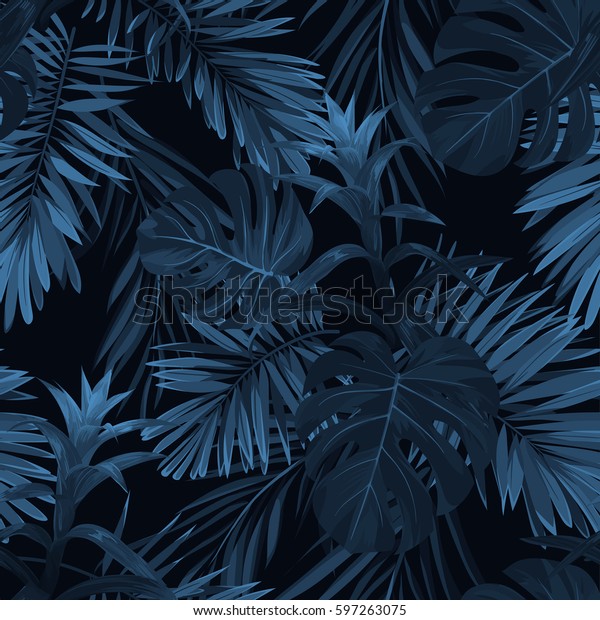 Exotic tropical vrctor\
background with hawaiian plants and flowers. Seamless indigo\
tropical pattern with monstera and sabal palm leaves, guzmania\
flowers.
