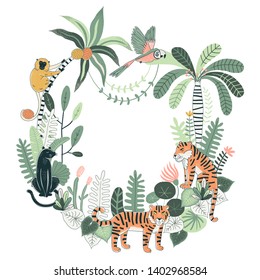 Exotic Tropical wildlife frame illustration with Tiger Panther Leopard Monkey Parrot Palm trees plants Rainforest nature inspired summer background for lettering quote writing