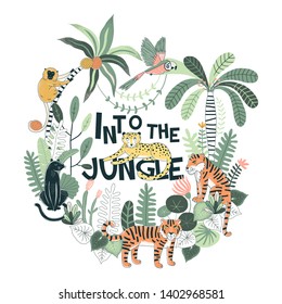 Exotic Tropical wildlife Typographic illustration with Tiger Panther Leopard Monkey Parrot Palm trees plants Into the jungle lettering Rainforest nature inspired summer t-shirt print for kids