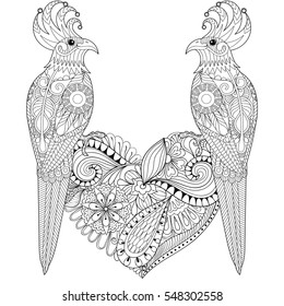 Exotic tropical zentangle bird lovely couple for adult anti stress coloring page, parrots sitting on heart for art therapy, greeting card. Hand drawn patterned illustration for St Valentine day.