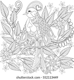 Exotic tropical zentangle bird sitting on branch with flowers for adult anti stress coloring page, greeting card, decoration element. Hand drawn patterned illustration for St Valentine day, spring